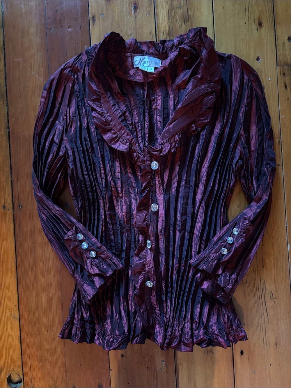 dressbarn Burgundy Crinkled Ruffle Button-Down Blouse